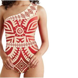Commsense Orange Cream One Shoulder Abstract Print One Piece Swimsuit XS Beach